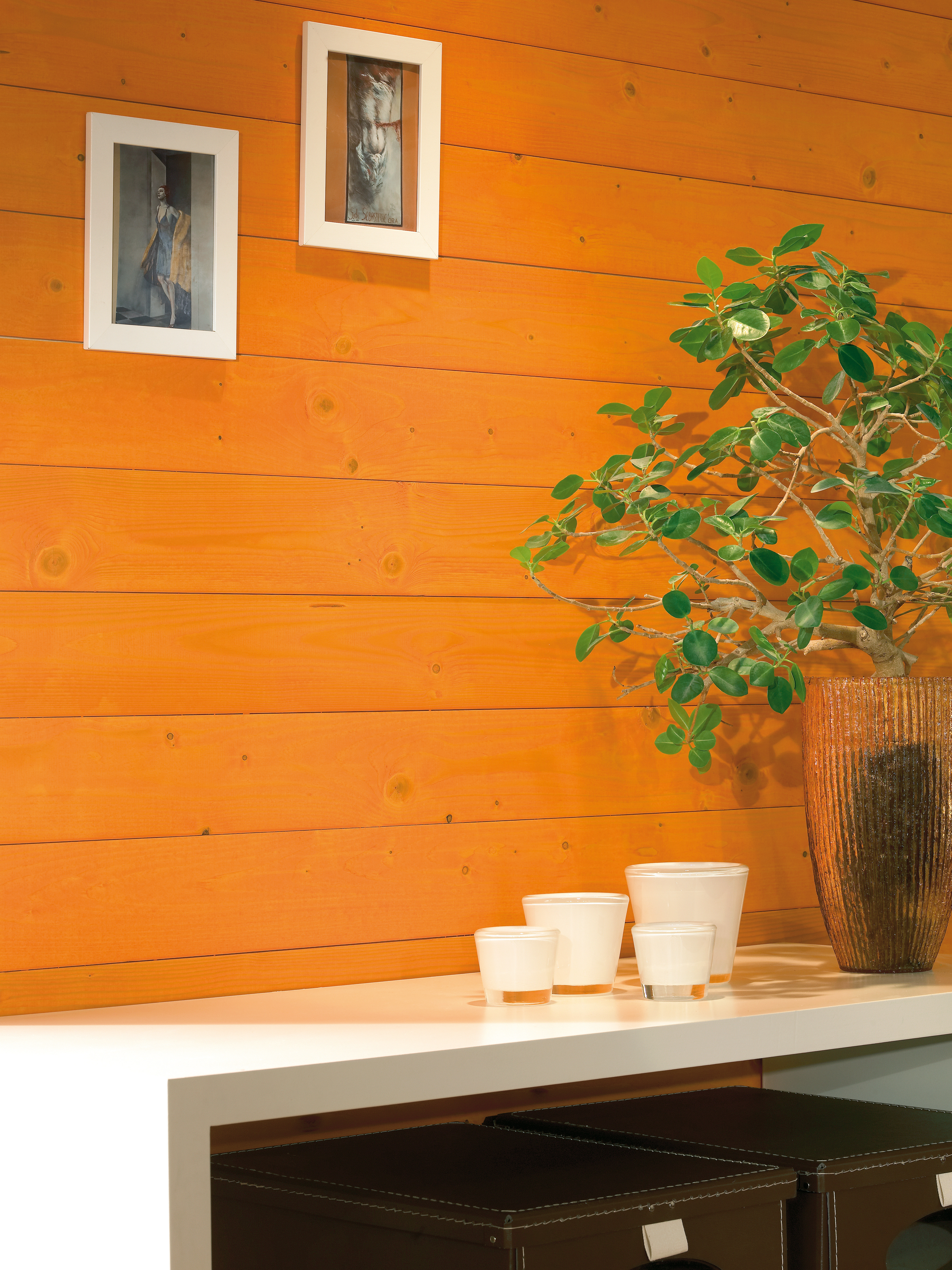 Eine Zimmerpflanze und dekorative Kerzen auf einem Selbst vor einer orange gebeizten holzgetäfelten Wand